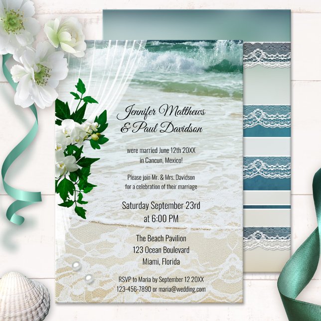 Invitation Orchidée romantique Plage Floral Réception de mari (After wedding invitation showing orchid flowers on a veil on a beach with lace and pearls)
