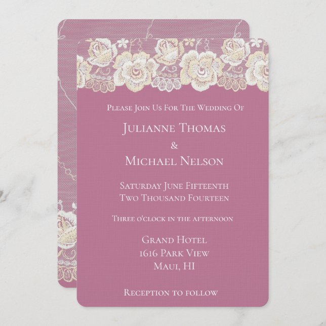 Invitation Orchidée rose blanche dentelle florale Mariage rom (Devant / Derrière)