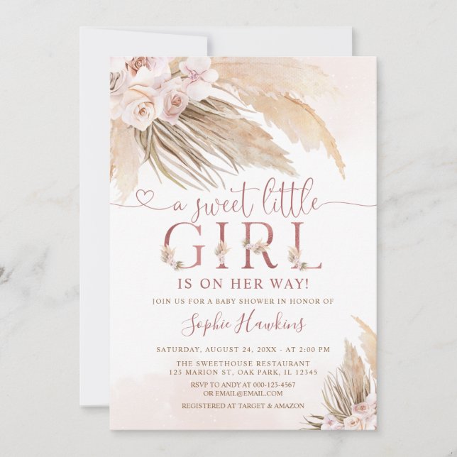 Invitation Orchidée rose Boho Pampas Grass Girl Baby shower (Devant)
