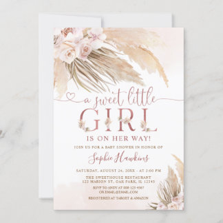 Invitation Orchidée rose Boho Pampas Grass Girl Baby shower