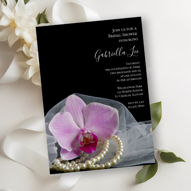 Invitation Orchidée rose et perles sur Fête des mariées noire (Créateur téléchargé)
