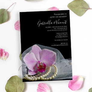 Invitation Orchidée rose et perles sur Mariage noir