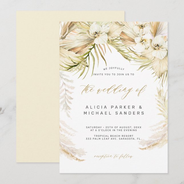 Invitation Orchidée tropicale bohème pampas herbe mariage (Devant / Derrière)
