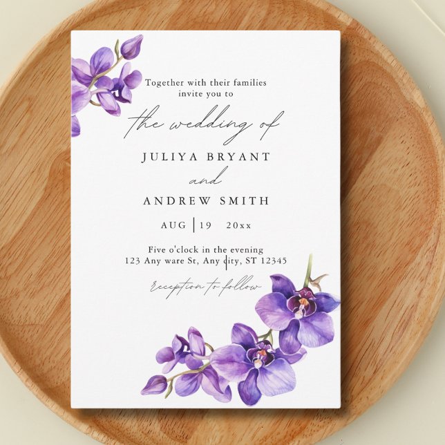 Invitation Orchidée violette en mariage de script blanc (Créateur téléchargé)