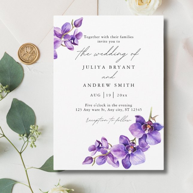 Invitation Orchidée violette en mariage de script blanc (Créateur téléchargé)