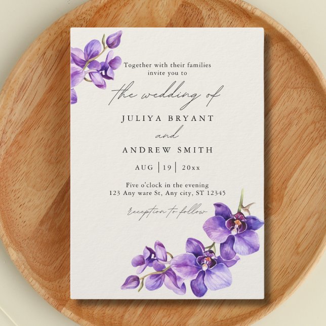 Invitation Orchidée violette en mariage de script Cream (Créateur téléchargé)