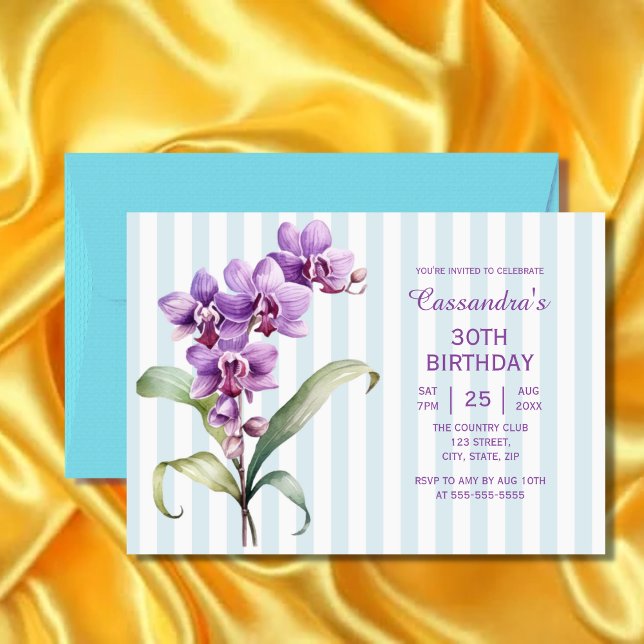 Invitation Orchidée violette Vert rayures Floral 30e annivers (Créateur téléchargé)