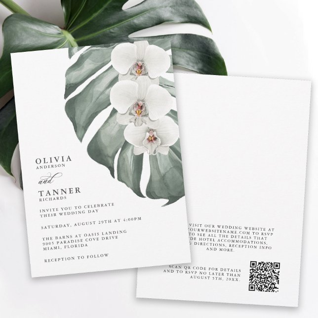 Invitation Orchidées blanches Mariage tropical avec code QR (Créateur téléchargé)