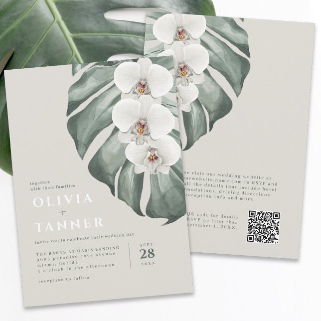 Invitation Orchidées blanches modernes Code QR Mariage tropic (Available in both printed and digital formats.)