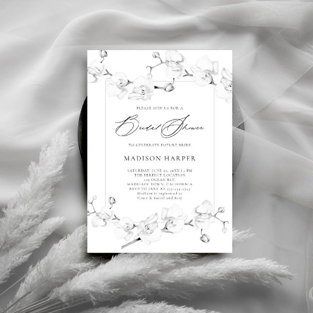 Invitation Orchidées blanches Noir Blanc Art moderne Fête des (orchids bridal shower invitation black and white art floral sketch modern classic formal romantic)