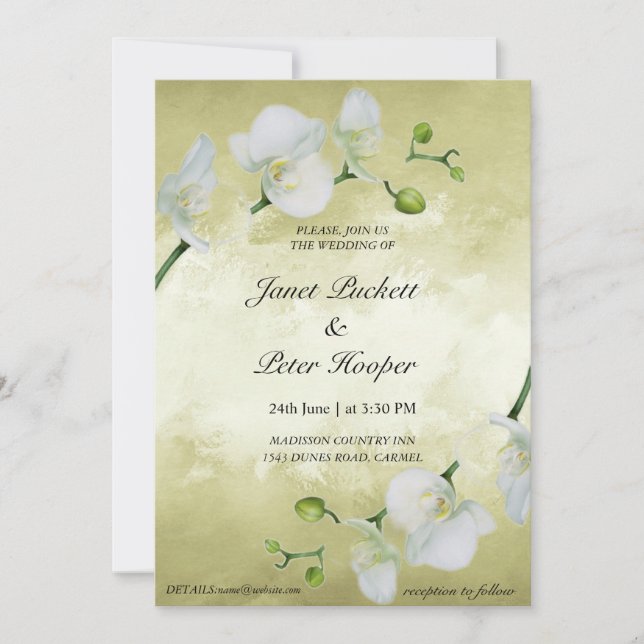 Invitation Orchidées blanches sur mariage arrière - plan doré (Devant)