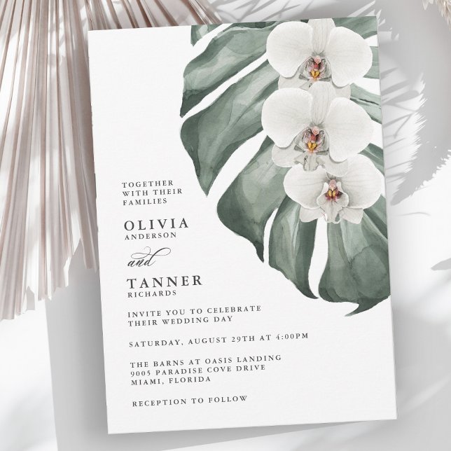 Invitation Orchidées blanches sur Monstera Mariage tropical (Créateur téléchargé)