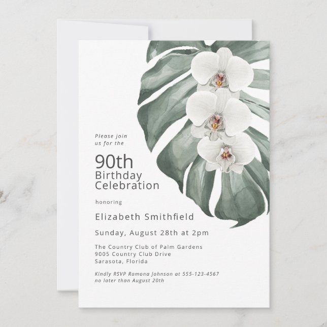Invitation Orchidées blanches sur Monstera Tropical 90e anniv (Devant)