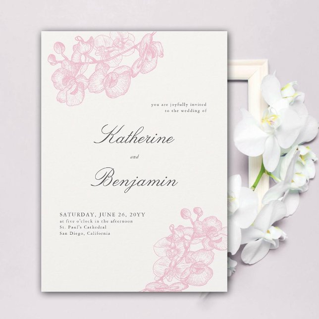 Invitation Orchidées classiques modernes officielles Mariage  (elegant orchids wedding invitation pink floral sketch calligraphy winter summer spring fall formal)
