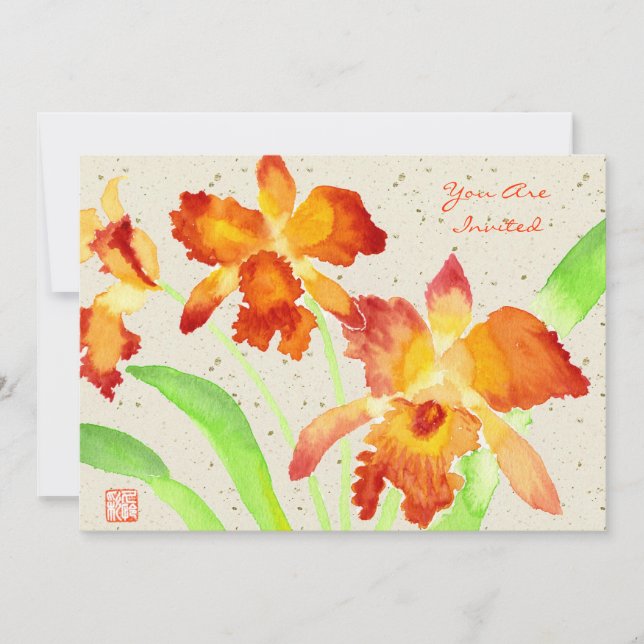 Invitation Orchidées de cattleya orange Aquarelle Peinture (Devant)