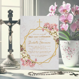 Invitation Orchidées dorées florales Marbre Première Sainte C