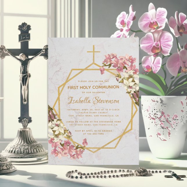 Invitation Orchidées dorées florales Marbre Première Sainte C (Créateur téléchargé)