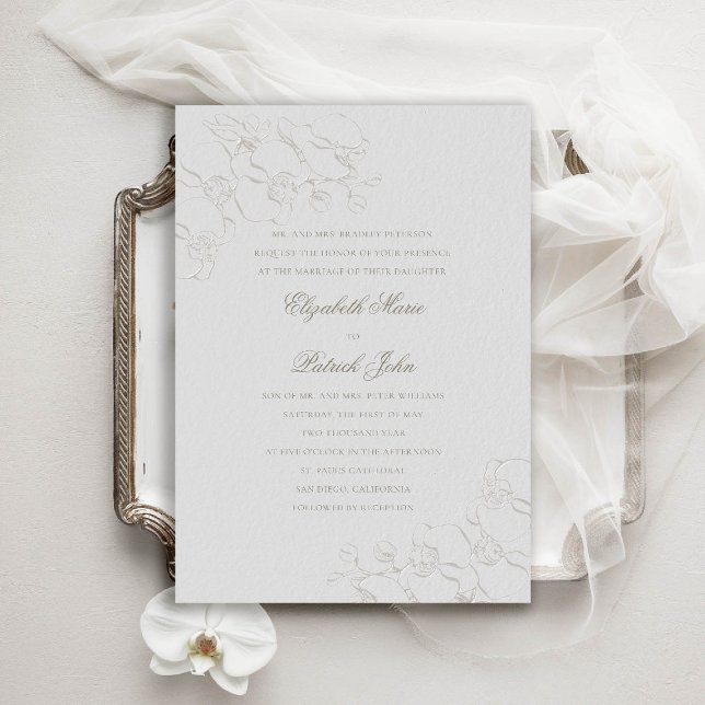 Invitation Orchidées ivoire Formel Parents traditionnels Mari (orchids wedding invitation formal traditional modern classic double frame ivory faux embossed parent)