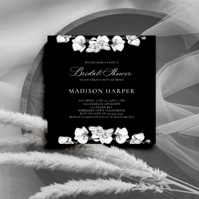 Invitation Orchidées Noir Blanc Esquisser Fête des mariées él (orchids bridal shower invitation black white art floral sketch modern classic formal elegant)