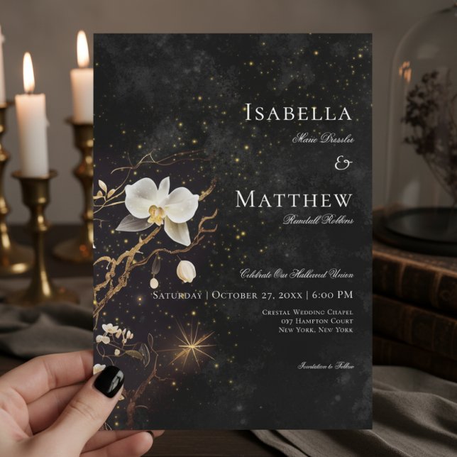 Invitation Orchidées noires et blanches foncées Mariage (Dark Gothic Black & White Orchid Spells Wedding Invitation)
