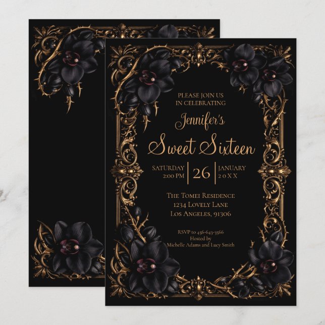 Invitation Orchidées noires gothiques Sweet 16 (Devant / Derrière)