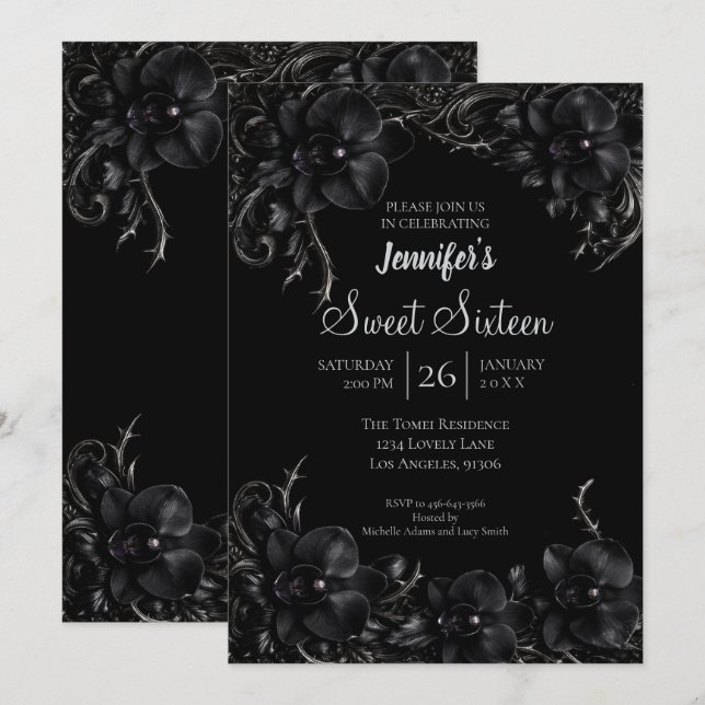 Invitation Orchidées noires gothiques Sweet 16 (Devant / Derrière)