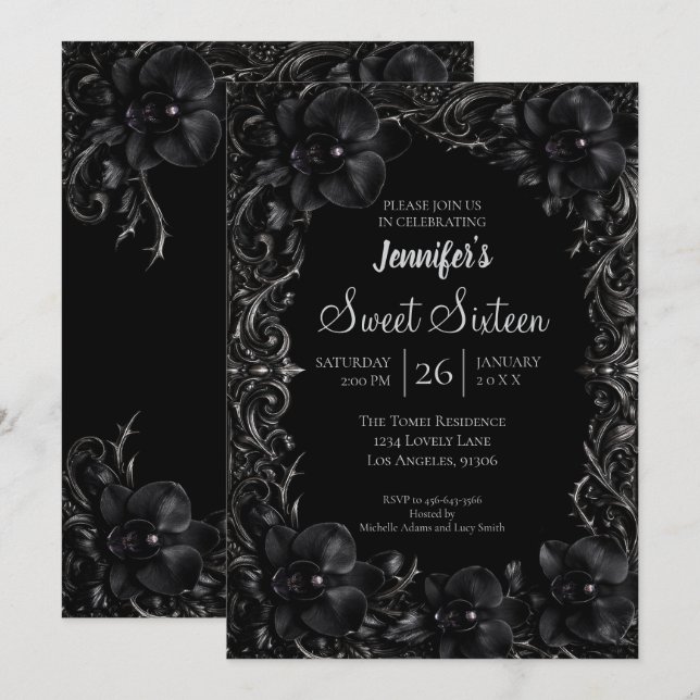 Invitation Orchidées noires gothiques Sweet 16 (Devant / Derrière)