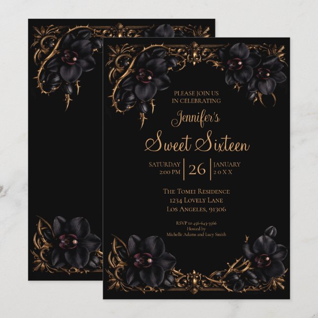Invitation Orchidées noires gothiques Sweet 16 (Devant / Derrière)