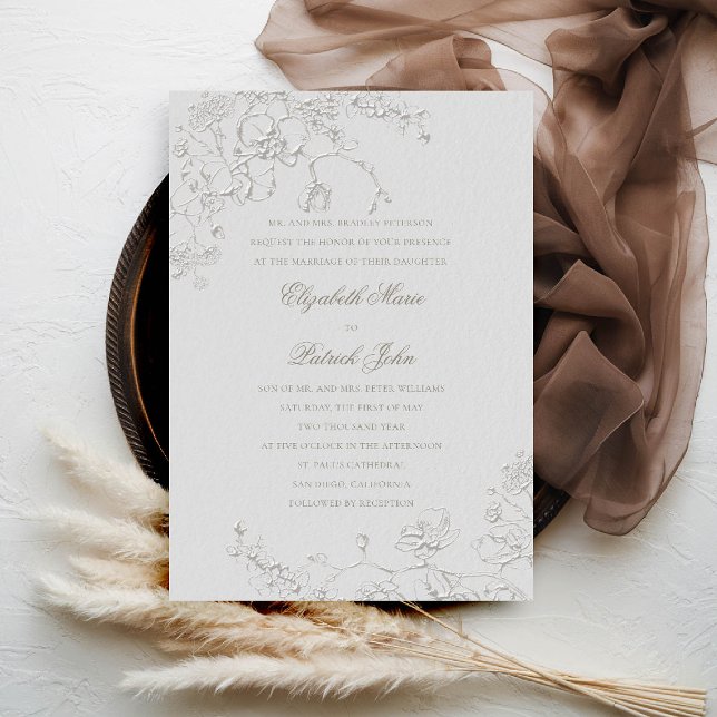 Invitation Orchidées Reverie Ivory Mariage traditionnel (orchids wedding invitation formal traditional modern classic art sketch ivory calligraphy cherry)