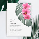 Invitation Orchidées roses chaudes sur Monstera Mariage tropi<br><div class="desc">Apportez votre vision mariage de rêve à la vie avec ce design de faire-part de mariage tropical unique. Il est doté d'un trio d'orchidées rose vif - fuchsia et d'une belle feuille de monstère aux aquarelles douces. Le design est à la fois simple et élégant, avec un look minimaliste dynamisé...</div>