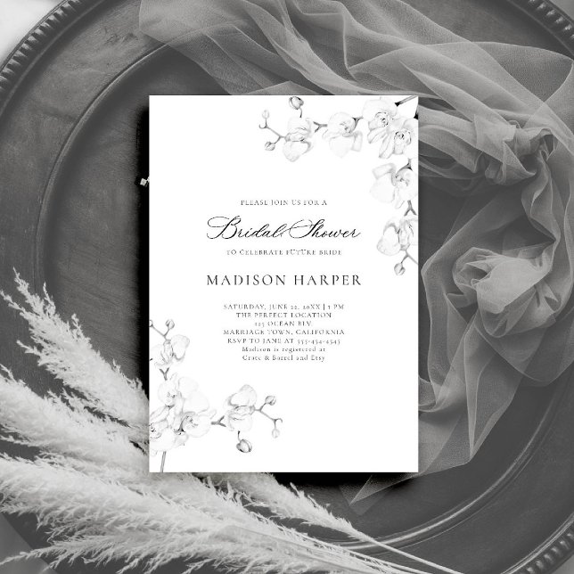 Invitation Orchidées simples noir blanc Fête des mariées élég (orchids bridal shower invitation black white art floral sketch modern classic formal elegant romance)