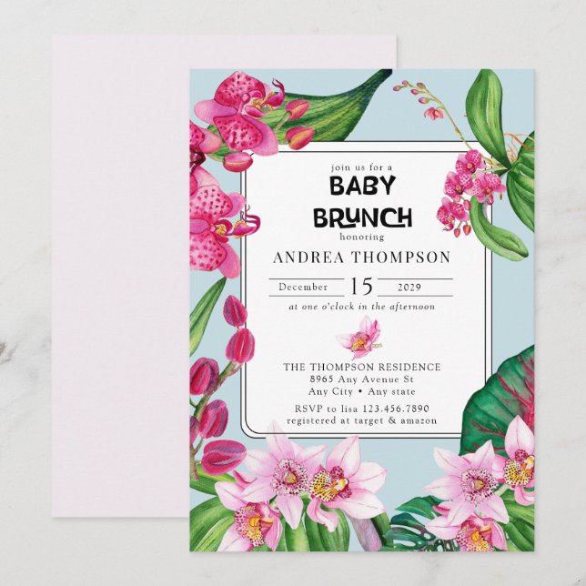 Invitation Orchidées Tropicales | Fête de Bébé Florale Rose (Devant / Derrière)