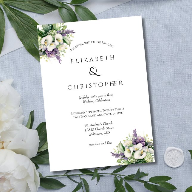 Invitation Orchidées violettes Lys calla blancs Mariage flora (Purple Orchids White Calla Lilies Floral Flowers Modern Elegant Wedding Invitation)