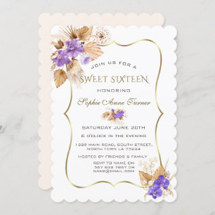 Invitation Orchidées violettes Pampas Grass Gold Frame Sweet