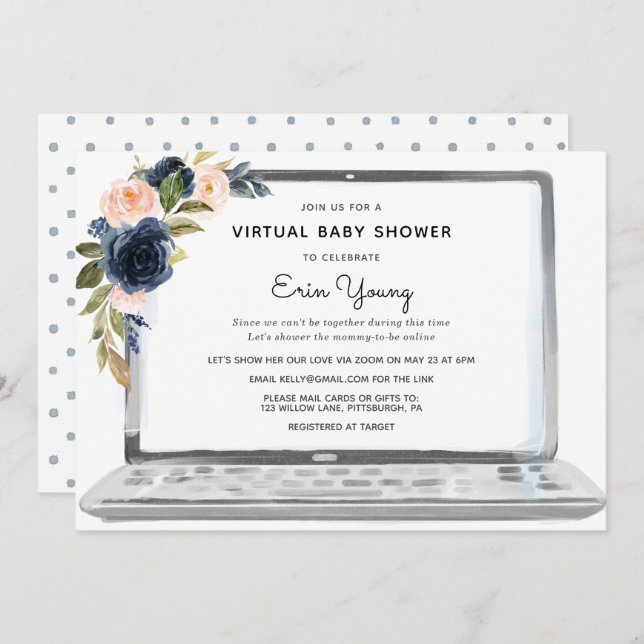 Invitation Ordinateur portable Baby shower virtuel Marine & F (Devant / Derrière)
