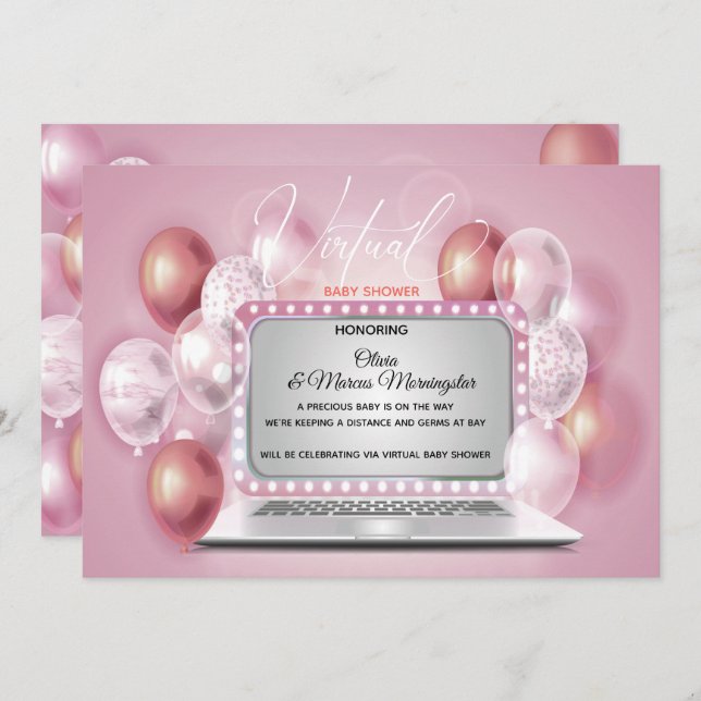 Invitation Ordinateur portable rose Dusty Virtual Baby Girl D (Devant / Derrière)