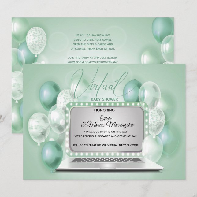 Invitation Ordinateur portable vert Baby shower virtuel neutr (Devant / Derrière)