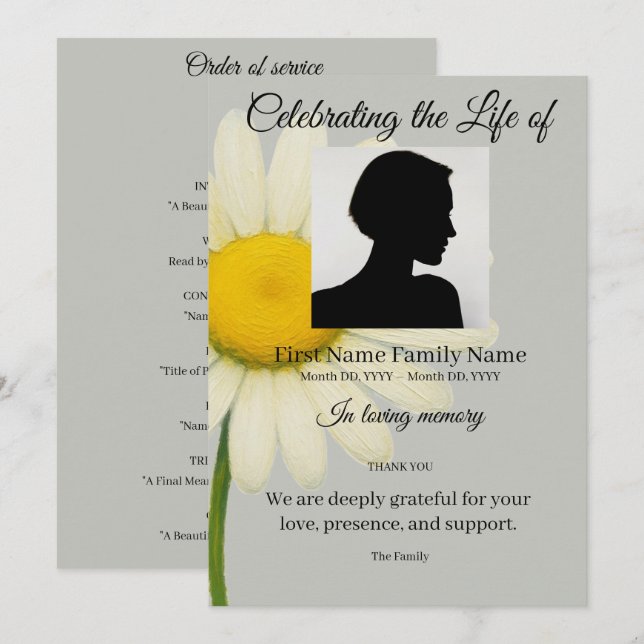 Invitation Ordre de service daisy gris (Devant / Derrière)