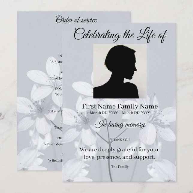 Invitation Ordre de service fleur gris (Devant / Derrière)