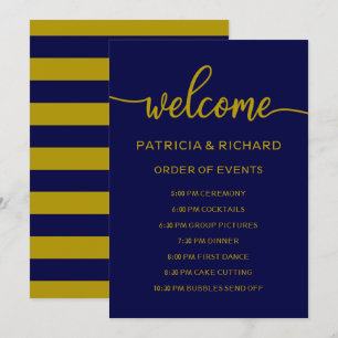Invitation Ordre des événements de mariage or bleu marine Cal