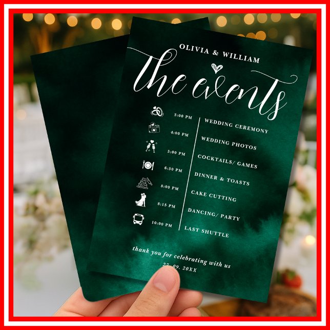 Invitation Ordre des événements de mariage vert émeraude (Créateur téléchargé)
