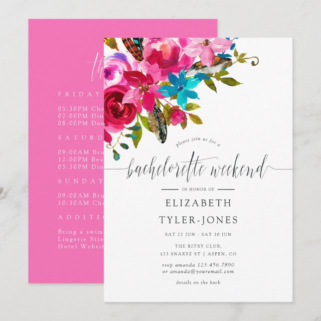 Invitation Ordre du jour du week-end de bachelorette chic boh (Devant / Derrière)
