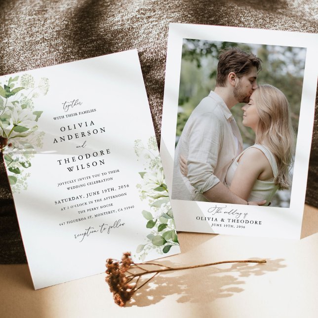 Invitation Organic Greenery Sage Wedding Photo Back (Sage green organic greenery wedding invitation with photo back, watercolor, modern classic elegance)