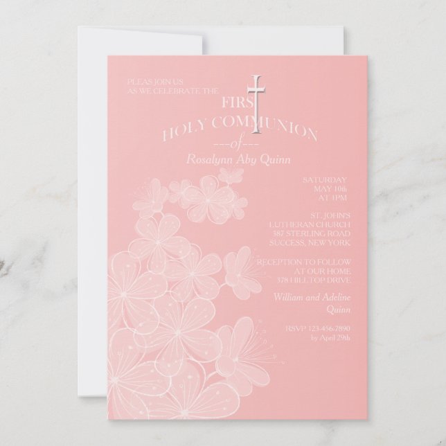 Invitation Organza Flowers Première communion sainte Invitati (Devant)