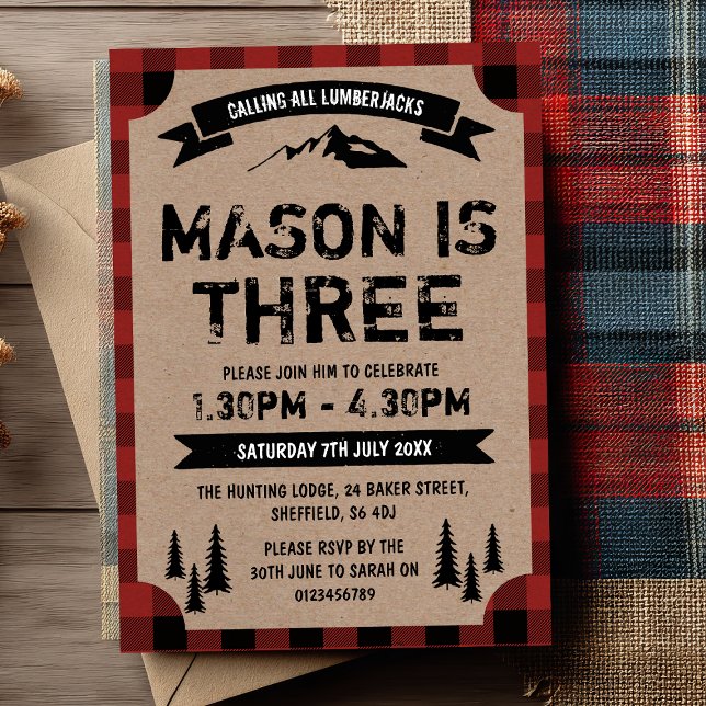 Invitation orientée de fête d'anniversaire de (Calling all lumberjacks! 🌲 Celebrate Mason’s big day with this fun lumberjack-themed invite.)