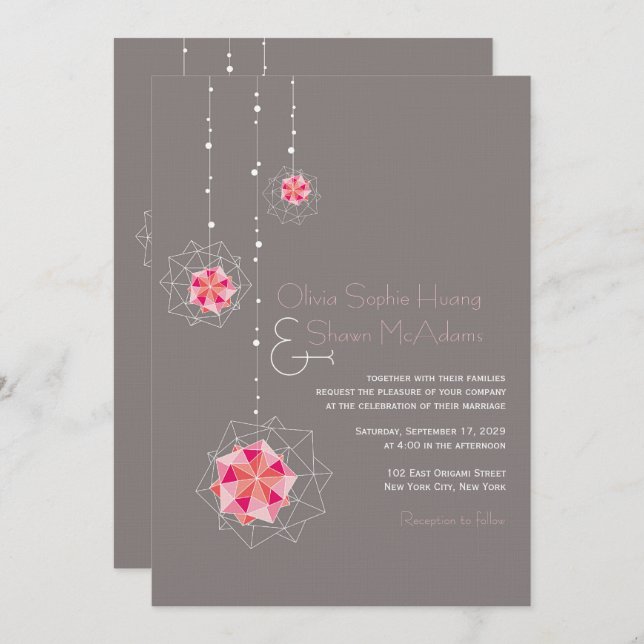 Invitation Origami rose suspensif lumières de l'ornement Mari (Devant / Derrière)