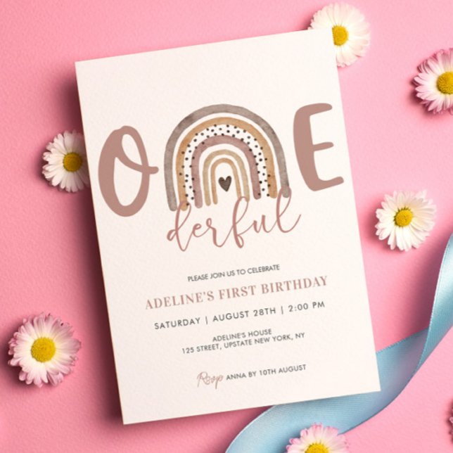 Invitation originale 1er anniversaire Fille Fête B (Watercolor Onederful Boho Rainbow 1st Birthday Girl Invitations Template Digital Download)