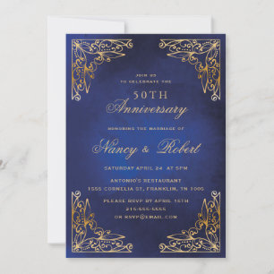 Invitation Ornament or Bordure bleu 50e anniversaire Mariage