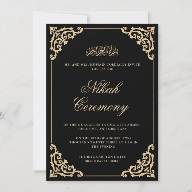 Invitation Ornat Baroque Gold Frame Black Nikah Mariage (Devant)