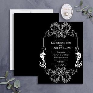 Invitation Ornat Black Floral Line Art Monogramme Mariage